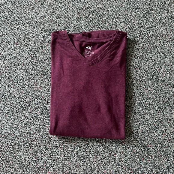 H&M Maroon Slim Fit Short-Sleeve V-Neck Lightweight Cotton T-Shirt Casual Top L - Picture 6 of 16